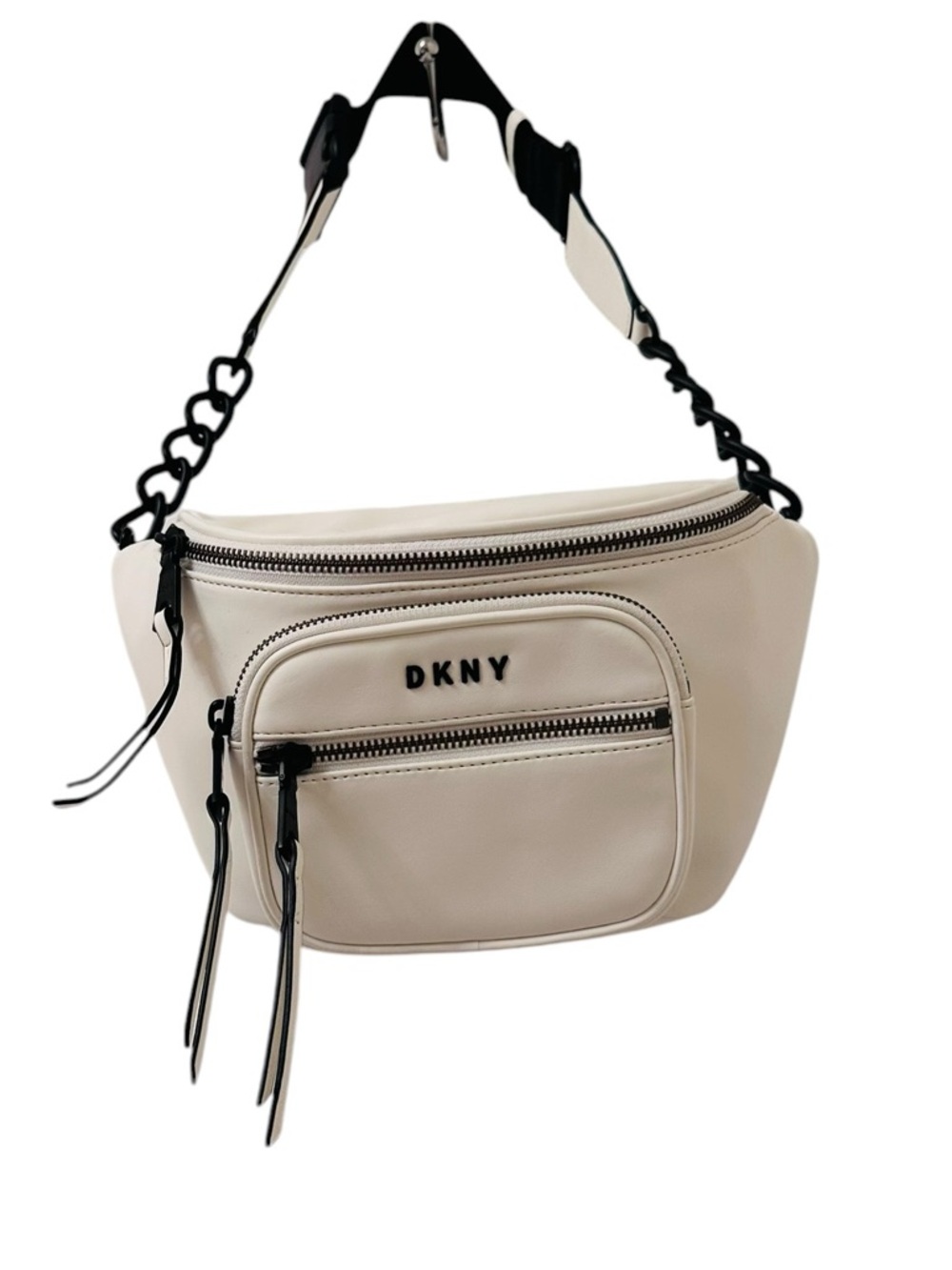 DKNY White Leather Belt Bag with Black Strap & Chain Detail - Picture 2 of 11